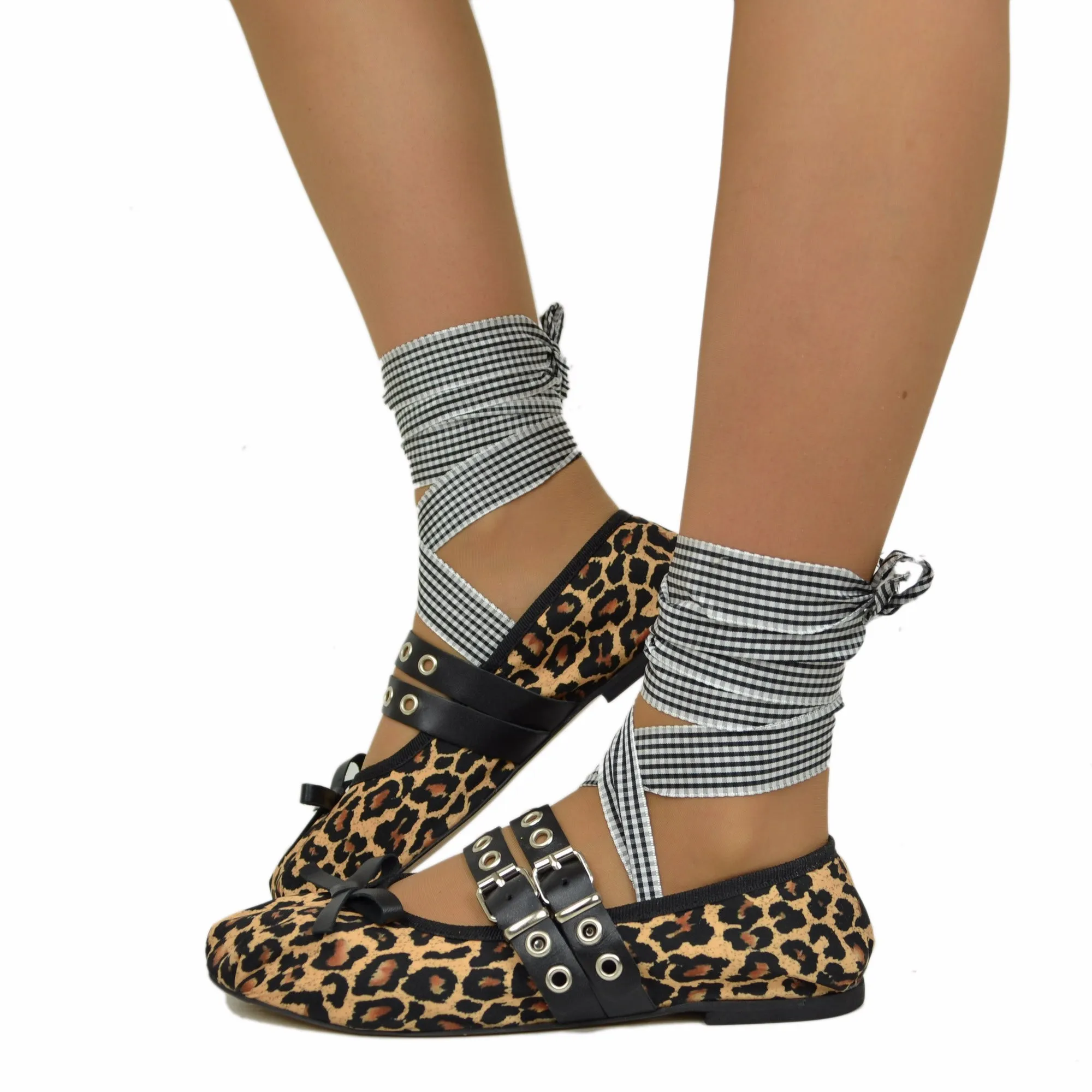 Ballerine Schiava DIVINE FOLLIE color Leopardato in Tessuto Satin e  Nappa Punta Quadrata