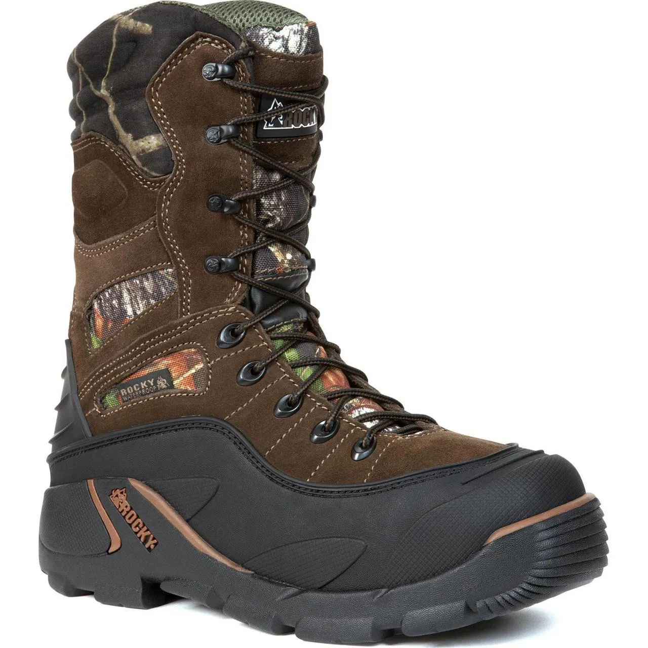 Rocky blizzardstalker pro stivale isolante thinsulate impermeabile 1200 grammi marrone mossy oak breakup camo